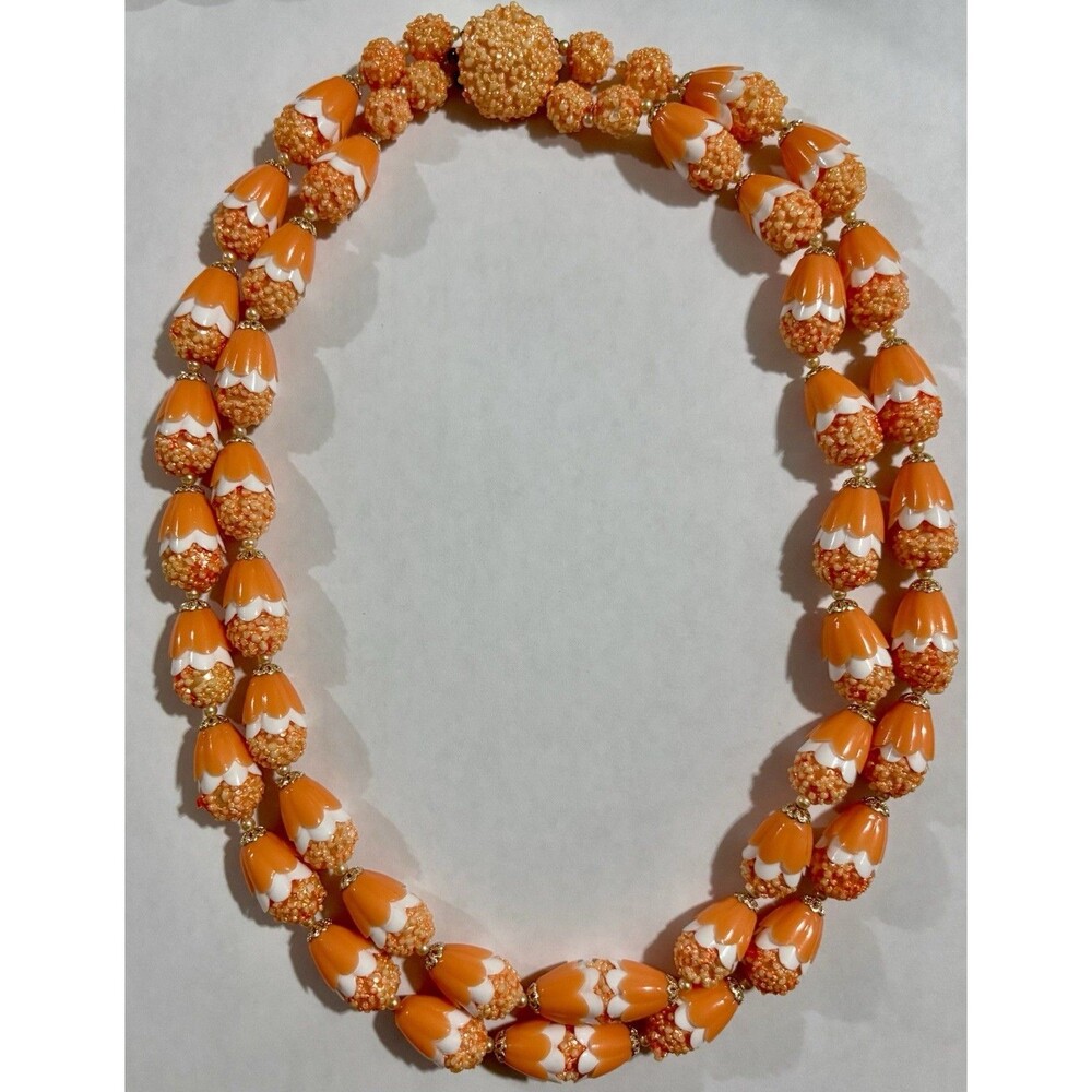 Vintage Japan Orange Lucite Beaded Necklace Floral Cluster Mid Century Sugarbead